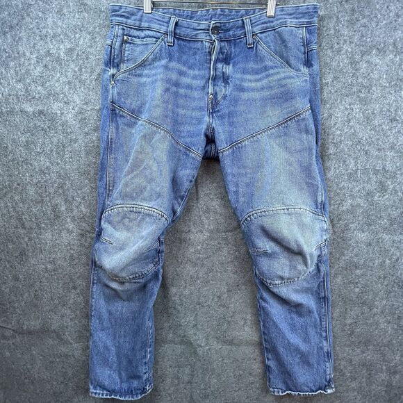 G Star Raw Jeans Mens 33 Blue 5620 3D Tapered Moto Knee Straight Button Fly Bike